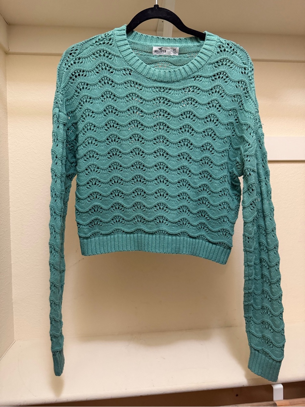 Hollister Teal Open-Knit Crewneck Sweater